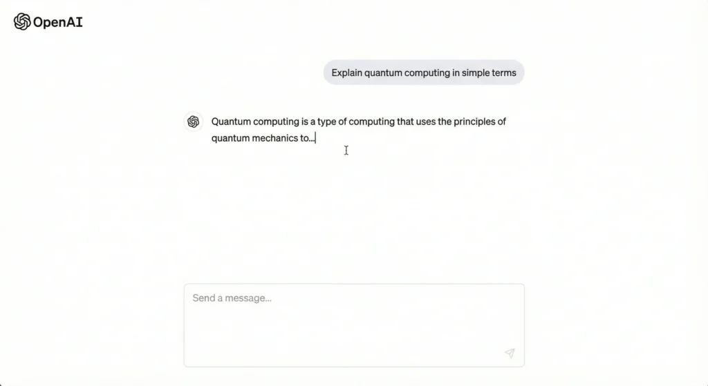 Nesta imagem, um usuário pediu uma explicação sobre computação quântica. O ChatGPT está no processo de gerar a resposta, indicado pelo cursor piscando e o texto aparecendo gradualmente.