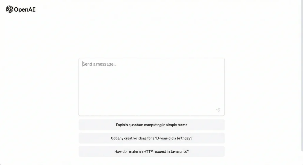 Esta é a tela que você vê ao acessar o ChatGPT. Ela apresenta um design limpo, com exemplos de perguntas e a caixa de texto para você começar a interagir.