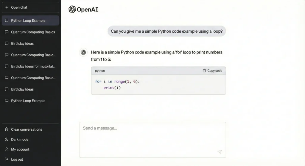 Dando sequência à conversa, o usuário pediu um exemplo de código em Python. O ChatGPT forneceu um bloco de código formatado com realce de sintaxe, facilitando a leitura e cópia do código.