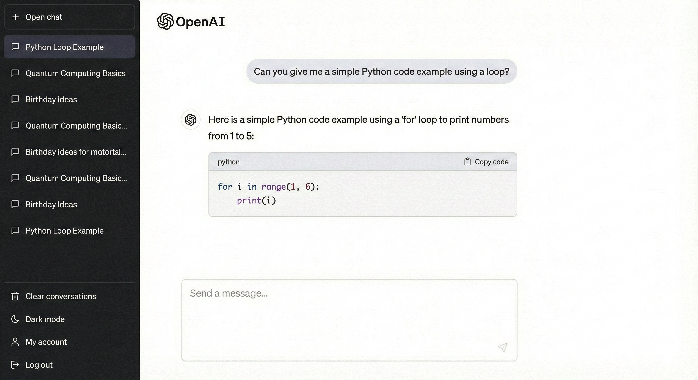 Esta imagem mostra a interface completa do ChatGPT. Além da conversa principal com o exemplo de código, podemos ver a barra lateral esquerda com o histórico de conversas, onde "Python Loop Example" está selecionado.