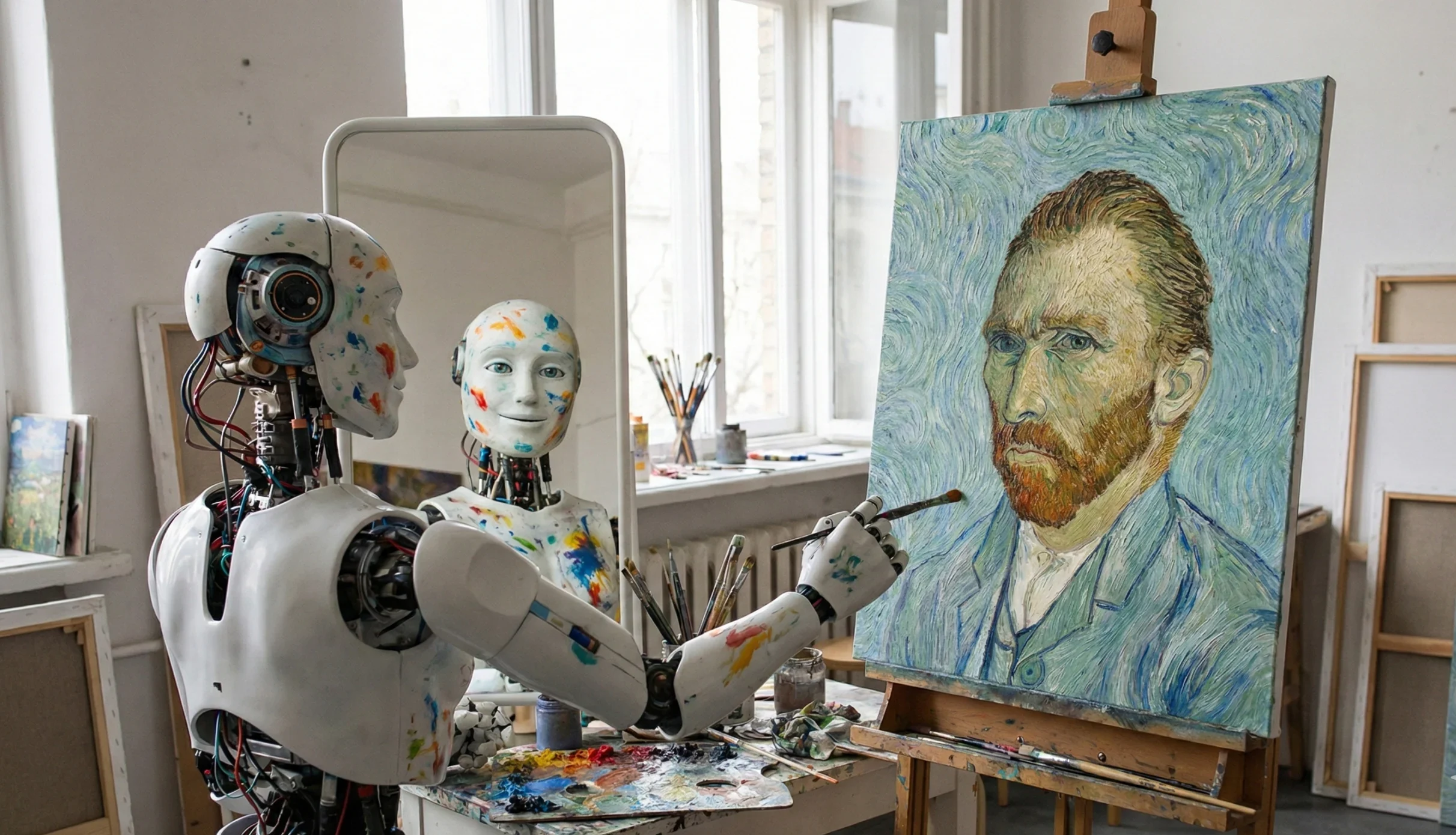 robô pintando a si mesmo no quadro