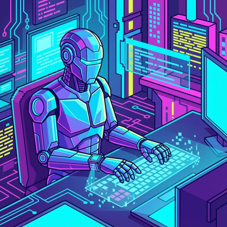 Robô futurista usando um laptop holográfico com estilo de arte vetorial em pixels