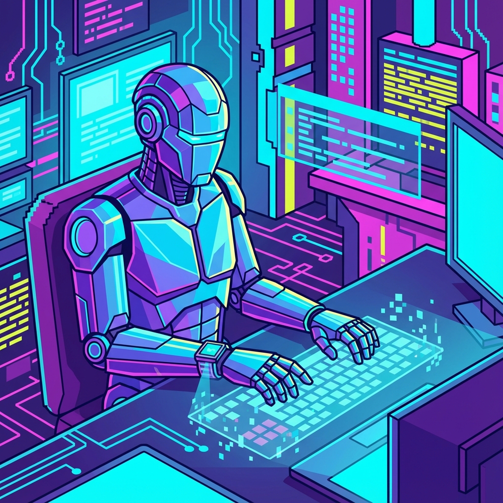 Robô futurista usando um laptop holográfico com estilo de arte vetorial em pixels