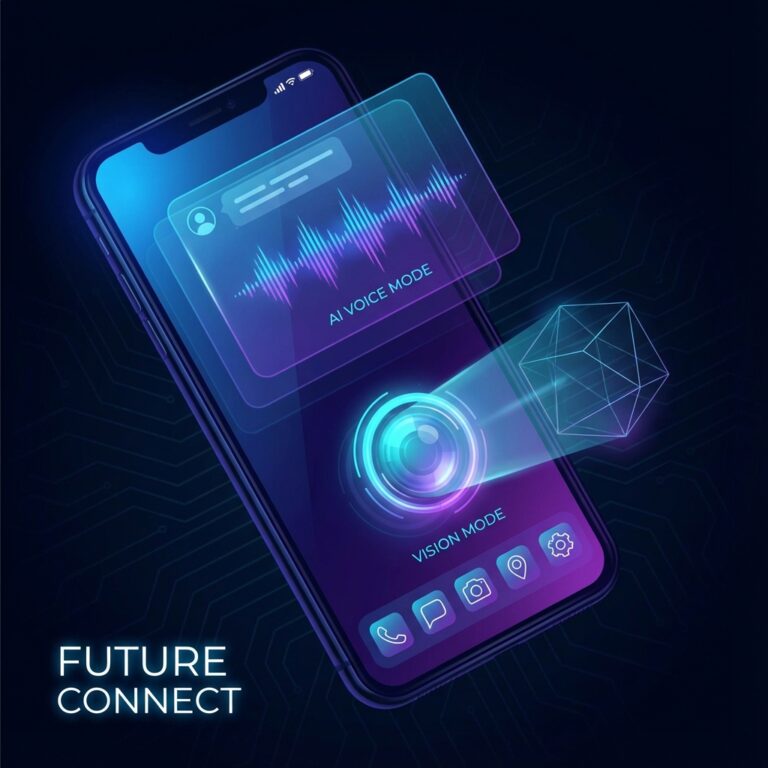 Smartphone exibindo interface do ChatGPT com ondas sonoras do modo de voz e lente de câmera analisando objeto em estilo futurista