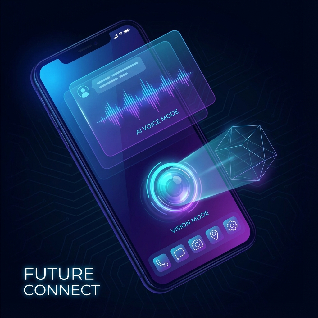 Smartphone exibindo interface do ChatGPT com ondas sonoras do modo de voz e lente de câmera analisando objeto em estilo futurista