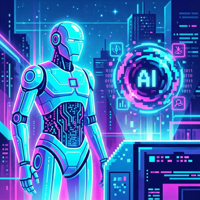 Ilustração vetorial pixelada de um robô futurista e símbolos de IA com cores neon