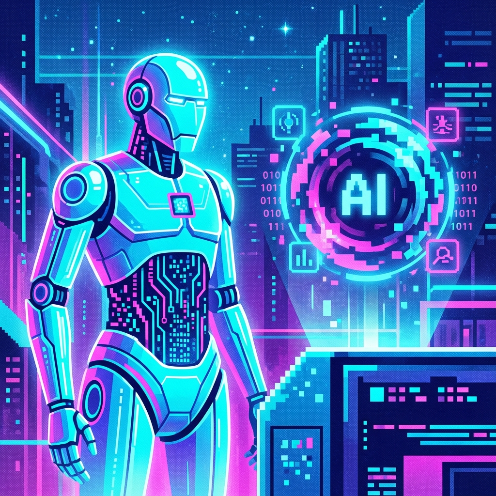 Ilustração vetorial pixelada de um robô futurista e símbolos de IA com cores neon