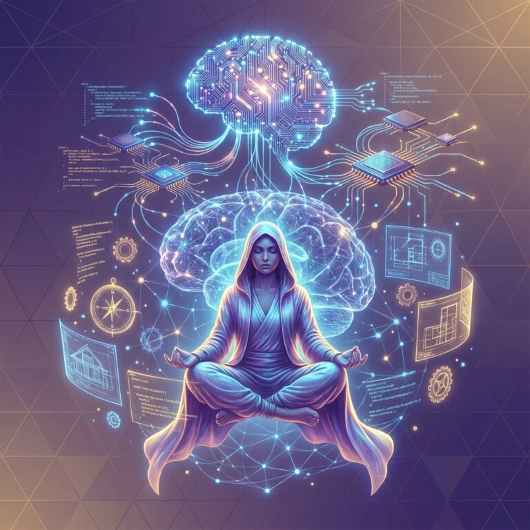 Ilustração de pessoa meditando com cérebro digital e circuitos de IA representando autoconhecimento
