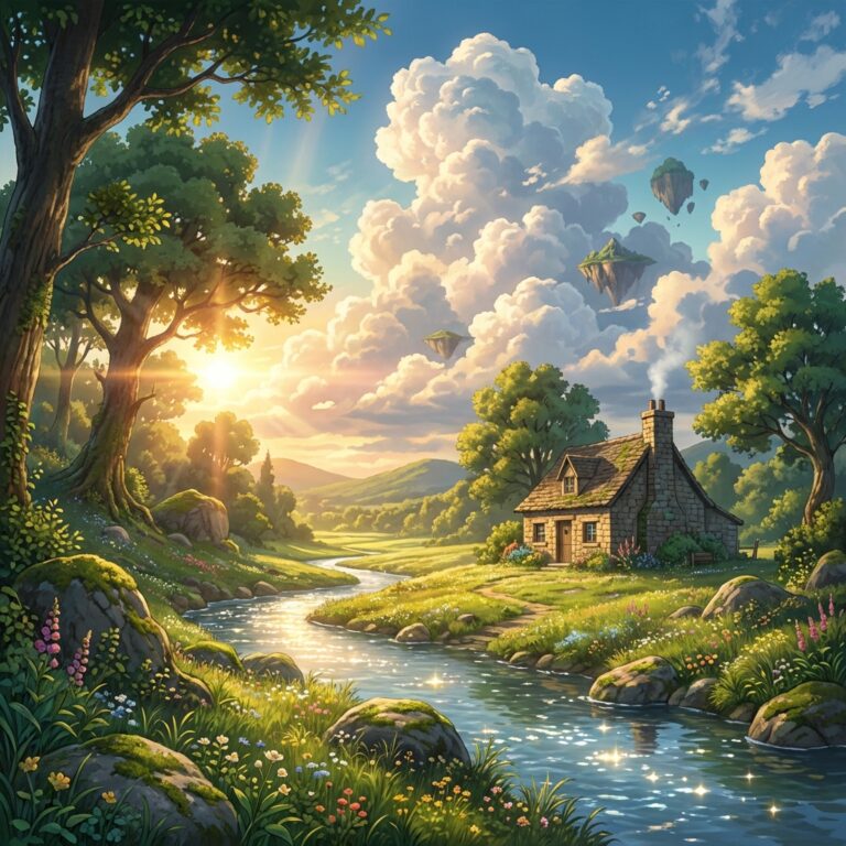 Paisagem mágica no estilo Studio Ghibli gerada por IA