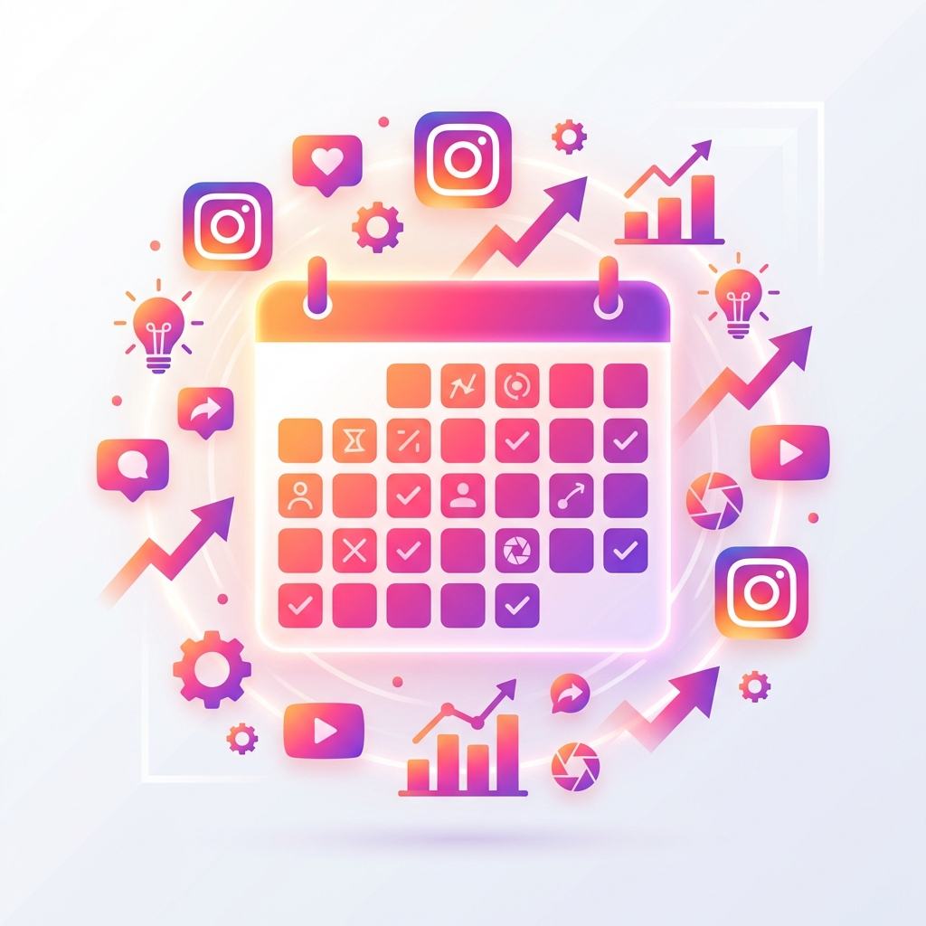 Calendário de 30 dias com ícones do Instagram e elementos de marketing digital