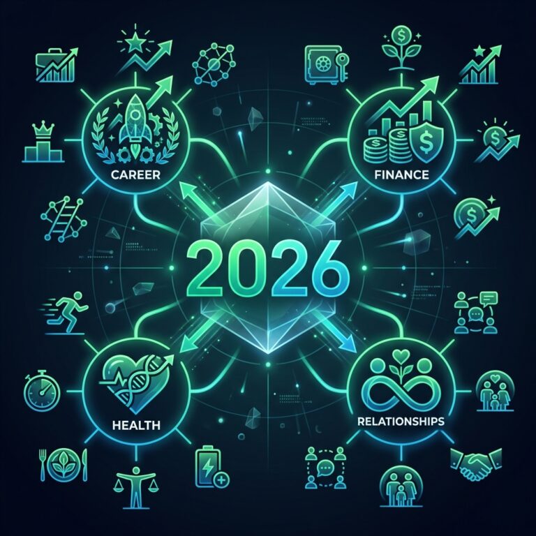 Mapa mental futurista com 2026 no centro conectado a metas de carreira, finanças, saúde e relacionamentos