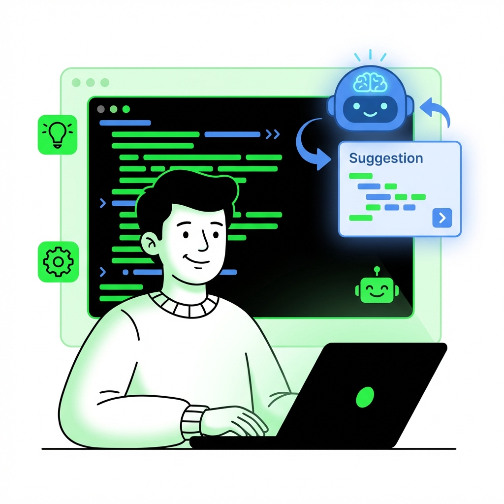 Pessoa usando computador com assistência de IA para programação, tela de código amigável