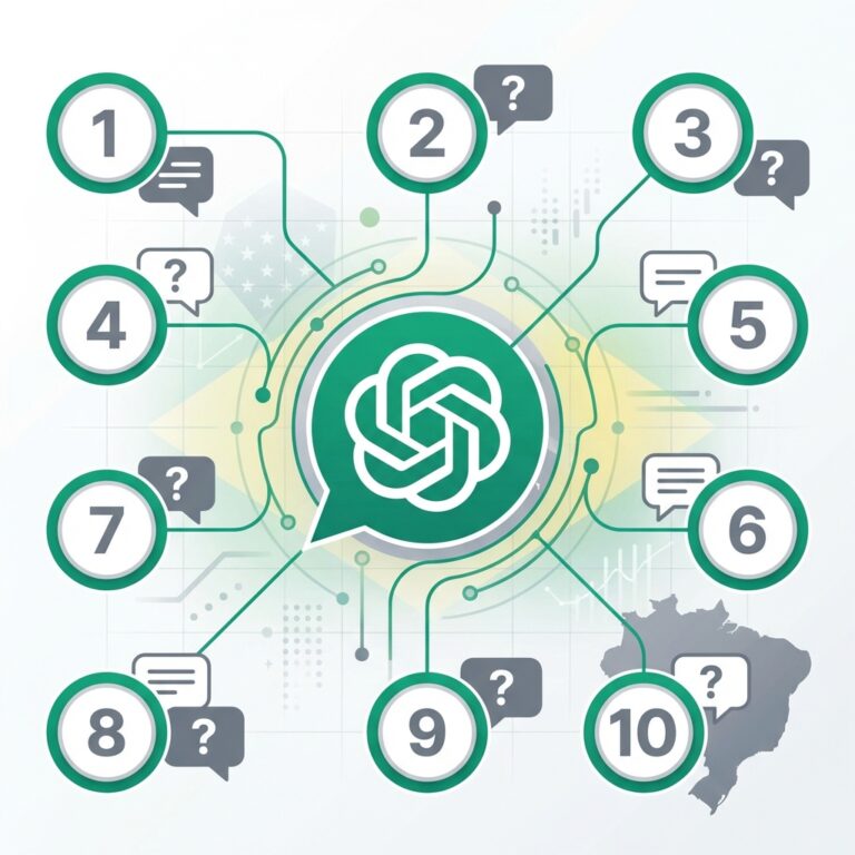 Infográfico com números de 1 a 10, logo ChatGPT e mapa do Brasil representando perguntas frequentes