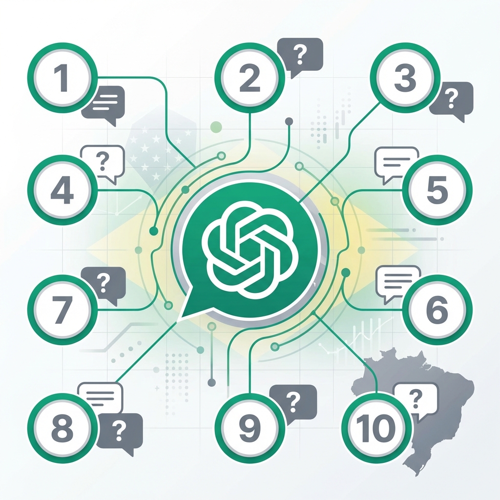 Infográfico com números de 1 a 10, logo ChatGPT e mapa do Brasil representando perguntas frequentes