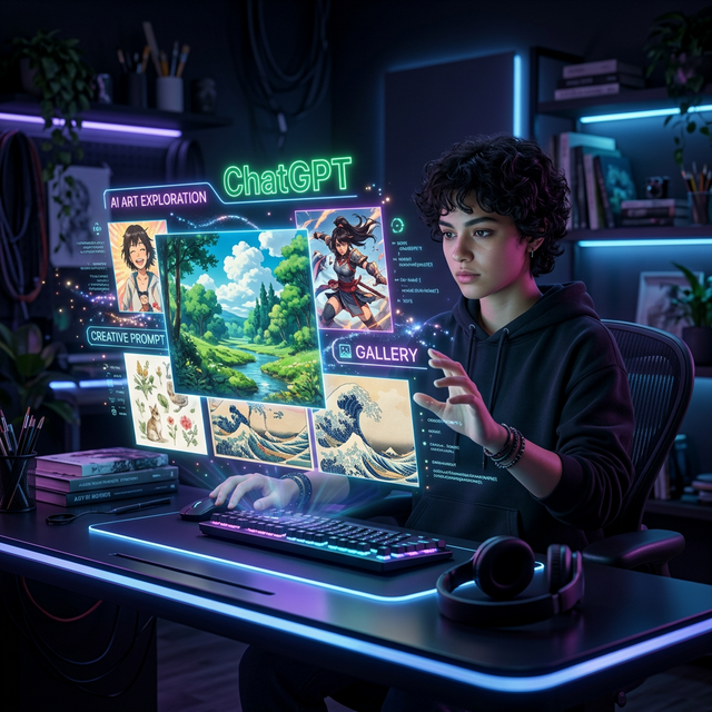 Pessoa criativa em estúdio futurista com iluminação neon gerada por IA, interagindo com tela holográfica do ChatGPT exibindo desenhos em estilos Studio Ghibli, anime, ukiyo-e e aquarela — representando 20 prompts para criar arte com IA