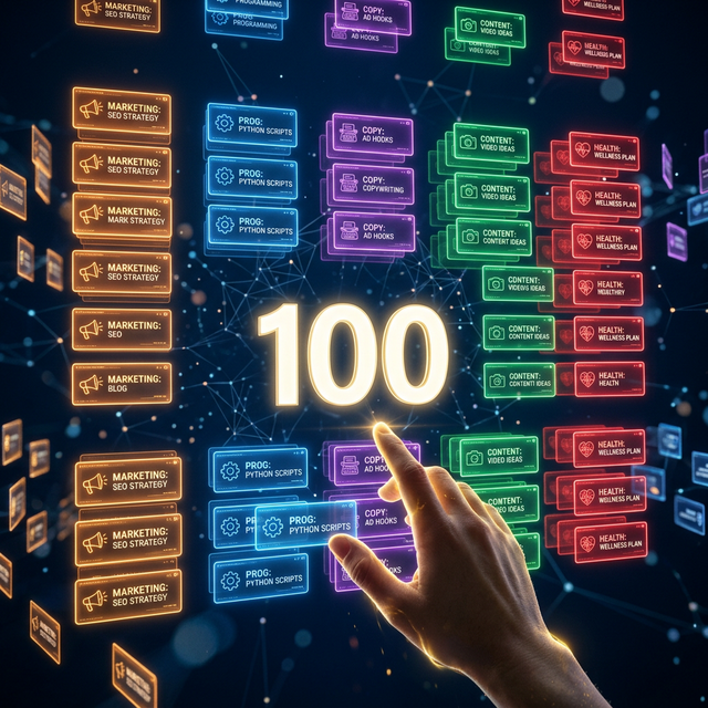 Biblioteca holográfica de 100 prompts categorizados para ChatGPT em cards coloridos — laranja para Marketing, azul para Programação, roxo para Copywriting, verde para Criação de Conteúdo e vermelho para Saúde — com mão humana tocando os cards e o número 100 brilhando ao centro, sobre fundo azul escuro com redes neurais, estilo fotorrealista e tecnologia de inteligência artificial