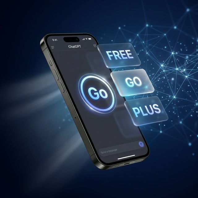 Smartphone com a interface do ChatGPT exibindo o plano Go no centro, com cards holográficos mostrando os planos Free, Go e Plus flutuando ao lado, sobre fundo azul-escuro com rede neural, representando a comparação dos planos de assinatura da OpenAI