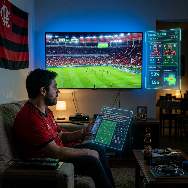 Pessoa assistindo futebol na TV com ChatGPT aberto no celular exibindo análise tática e estatísticas de jogadores em tempo real — interface de inteligência artificial com diagramas holográficos de formações táticas ao lado da televisão, ambiente de sala de estar com iluminação cinematográfica azul e verde, estilo fotorrealista