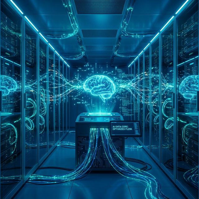 Representação futurista de rede neural digital em sala de servidores, simbolizando a inteligência artificial DeepSeek e o fluxo de dados em estilo realista de alta tecnologia.