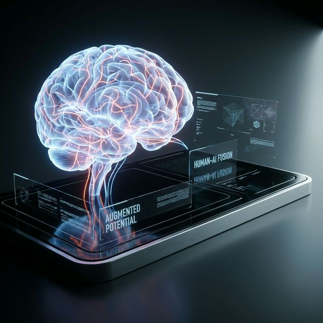 Cérebro humano holográfico conectado a interface de IA, representando produtividade e inteligência artificial avançada