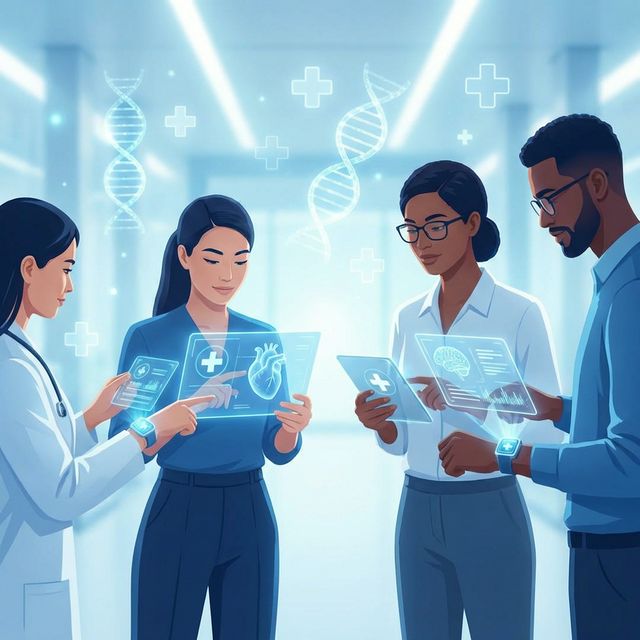 Grupo diverso de pessoas usando interfaces holográficas de saúde com ícones médicos e DNA flutuando