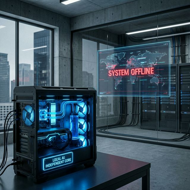 Tela holografica com erro System Offline ao fundo e computador robusto com luzes azuis rodando IA Local em primeiro plano