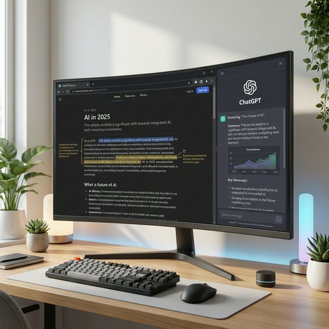 Tela de computador moderna exibindo navegador com interface de chat do ChatGPT e análise de IA