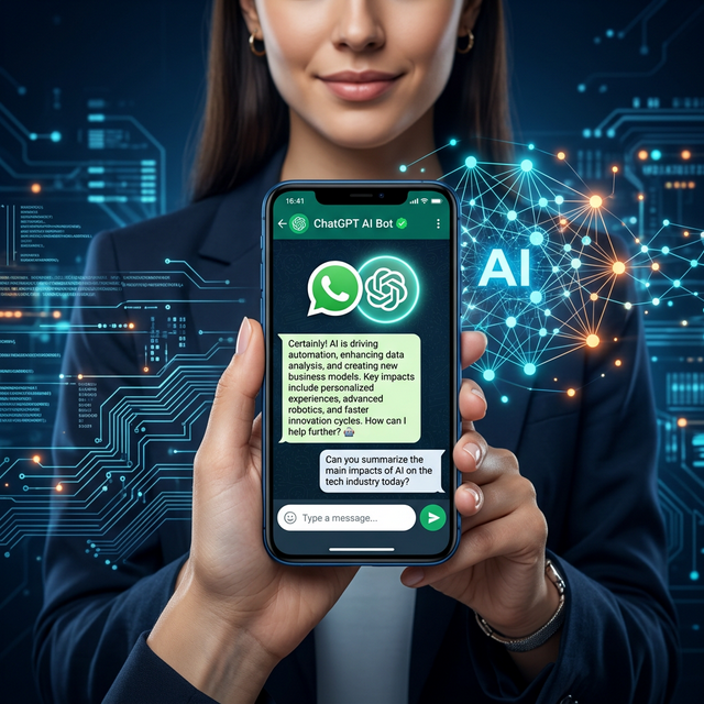 Pessoa usando o celular com WhatsApp aberto e o bot do ChatGPT respondendo mensagens, interface de inteligência artificial com bolhas de conversa em verde e branco, ícone do WhatsApp e logo do ChatGPT integrados em fundo tecnológico azul escuro, estilo ilustração digital moderna e futurista