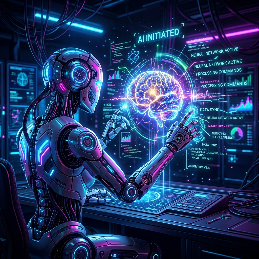 Robô futurista interagindo holográficamente com a inteligência artificial Gemini