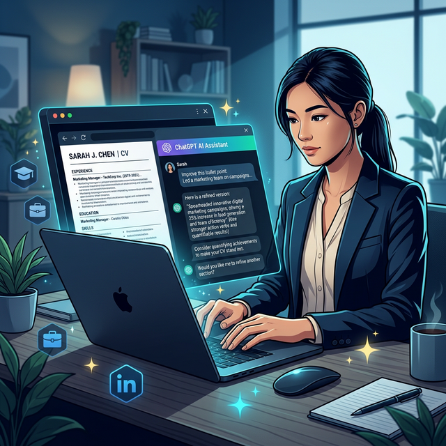 Pessoa usando laptop com o ChatGPT aberto na tela para criar um currículo profissional, interface de inteligência artificial sugerindo melhorias no CV, ícones de maleta, LinkedIn e formatação de currículo ao redor, estilo ilustração digital moderna com fundo azul escuro tecnológico