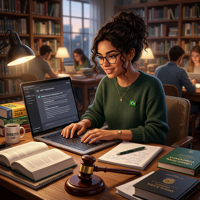 Ilustração digital realista de um estudante de direito estudando em uma escrivaninha com livros de lei e um martelo de juiz, focando na tela de um notebook com a interface verde e preta do ChatGPT estudando conceitos jurídicos de forma altamente tecnológica e iluminada, estilo profissional
