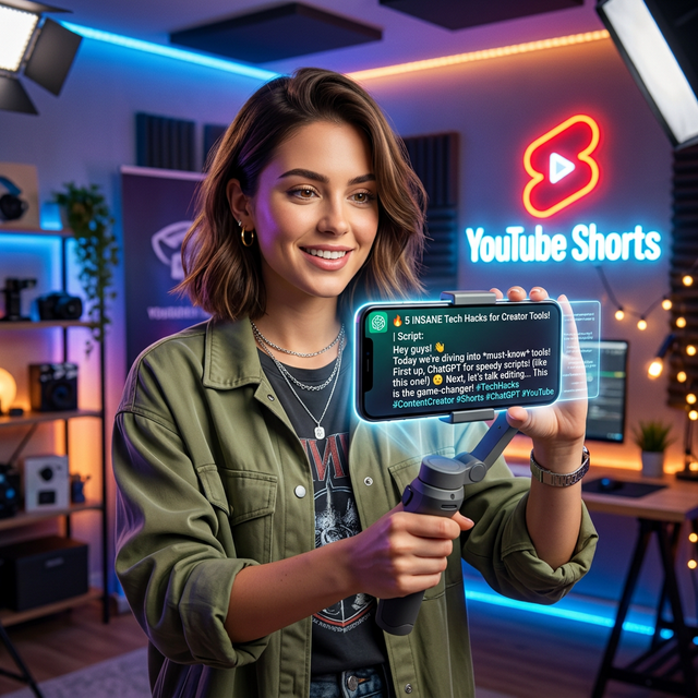 Criador de conteúdo segurando smartphone com logo do YouTube Shorts e tela holográfica do ChatGPT gerando roteiros brilhantes