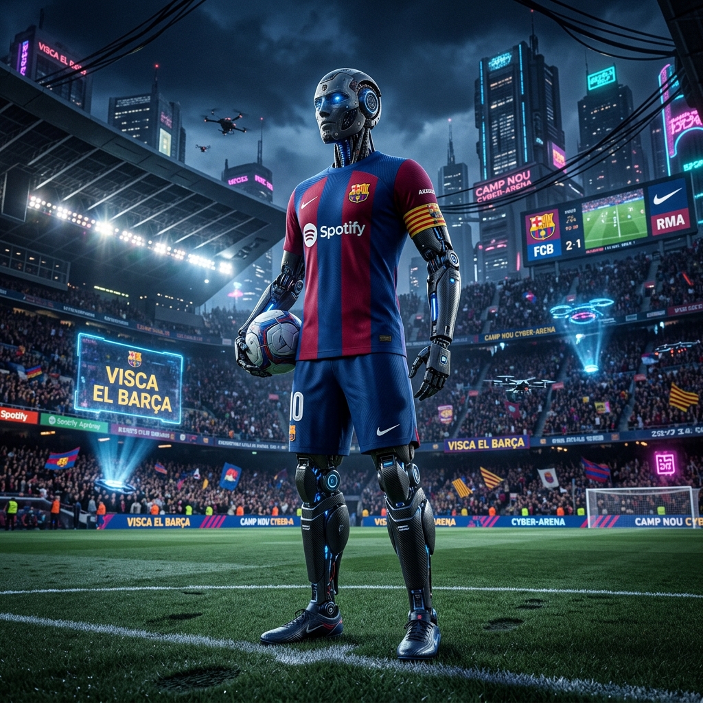 robô no estádio usando a camiseta do barcelona