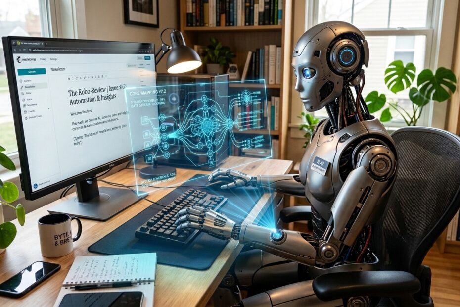 robô escrevendo uma newsletter no seu computador