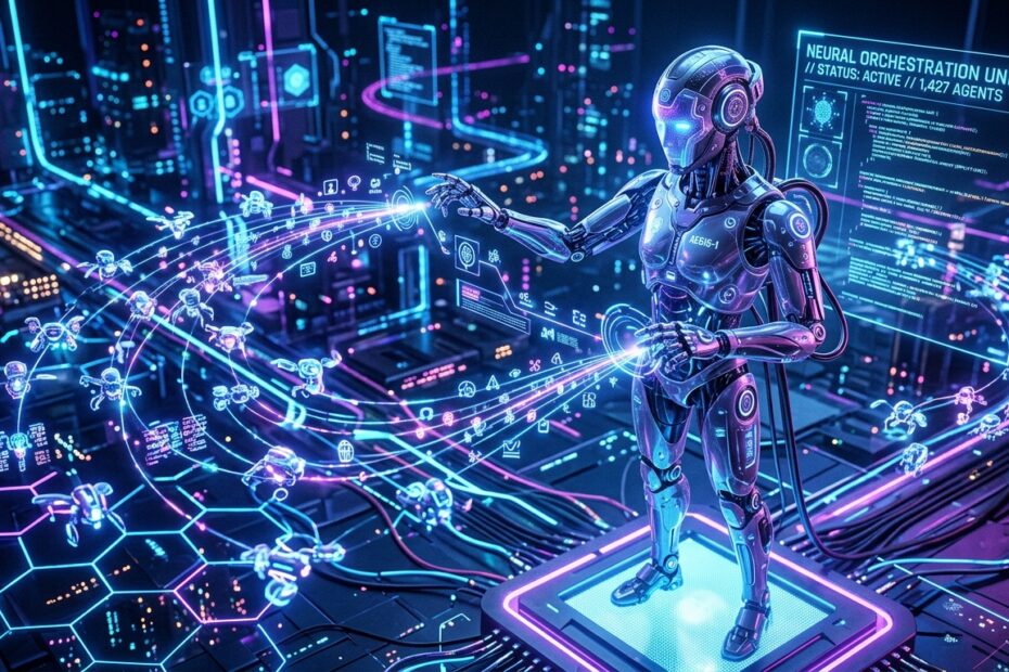 Robô futurista orquestrando uma rede de agentes autônomos de inteligência artificial em um ecossistema digital
