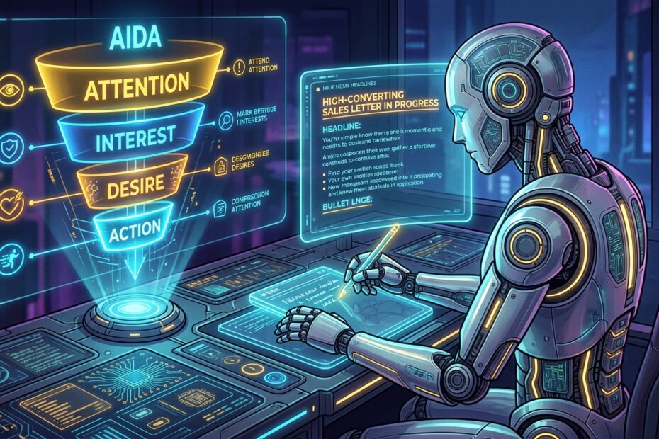 Robô futurista criando páginas de vendas persuasivas utilizando a fórmula AIDA e inteligência artificial