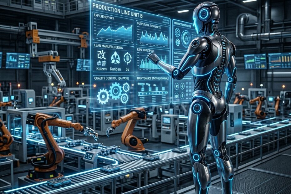 Robô futurista analisando painel holográfico de indicadores de engenharia de produção em fábrica inteligente