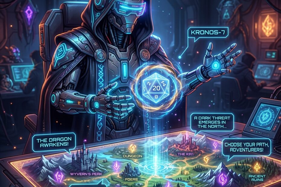 Robô futurista atuando como mestre de RPG projetando um mapa holográfico e dados mágicos