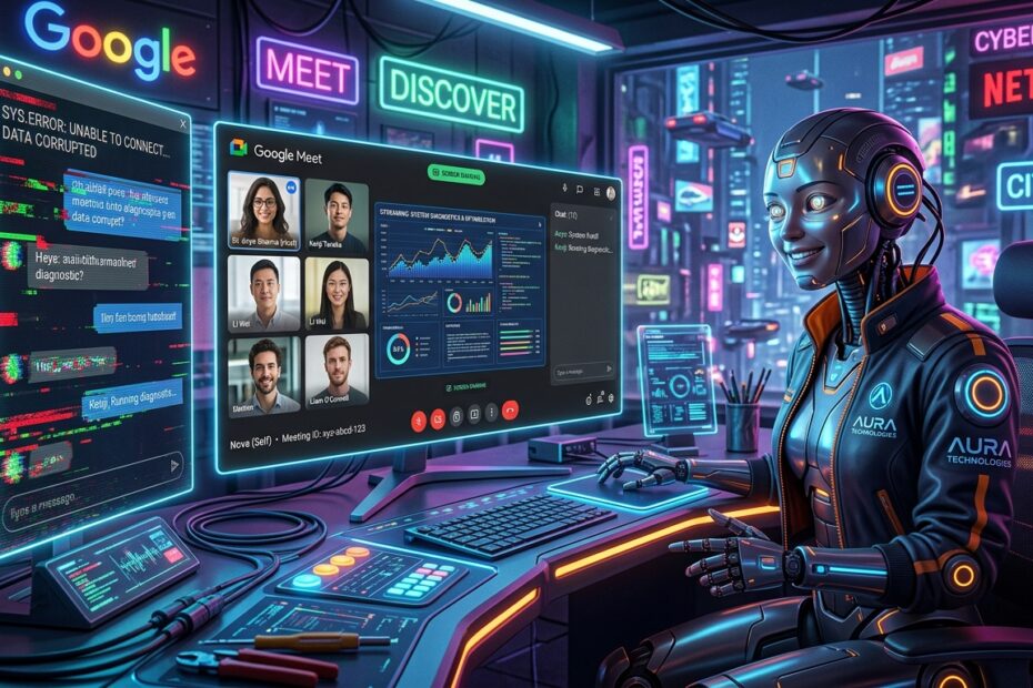 Robô futurista em uma sala de controle cyberpunk gerenciando transmissões em tempo real no Google Meet após a queda da live do Discord.