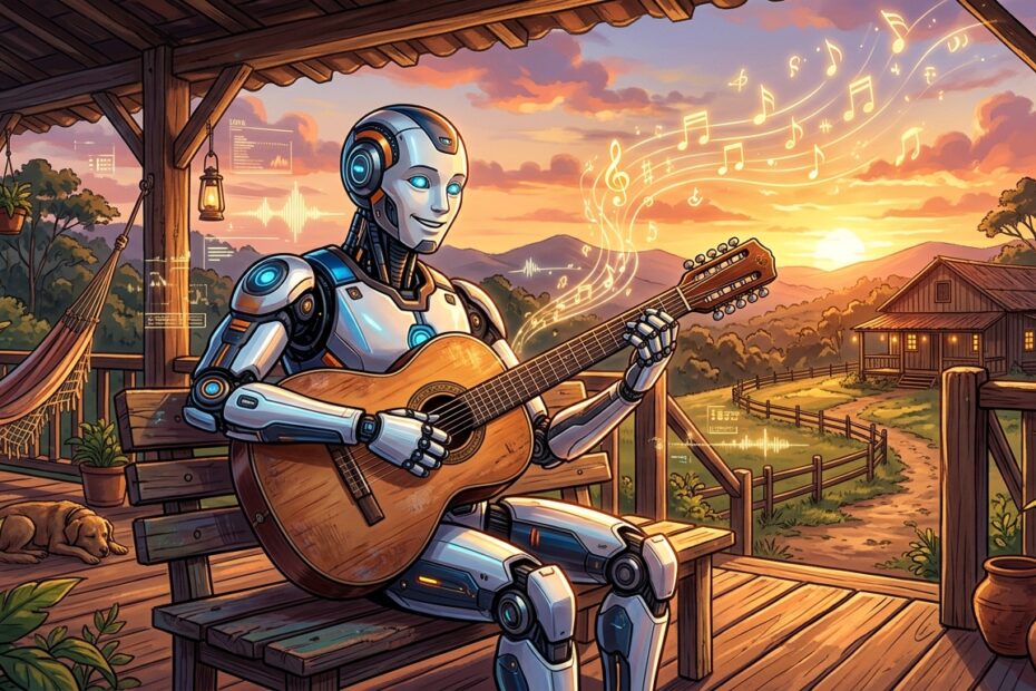 Ilustração futurista de um robô cibernético tocando viola caipira em uma varanda rústica ao entardecer no campo com notas musicais douradas holográficas