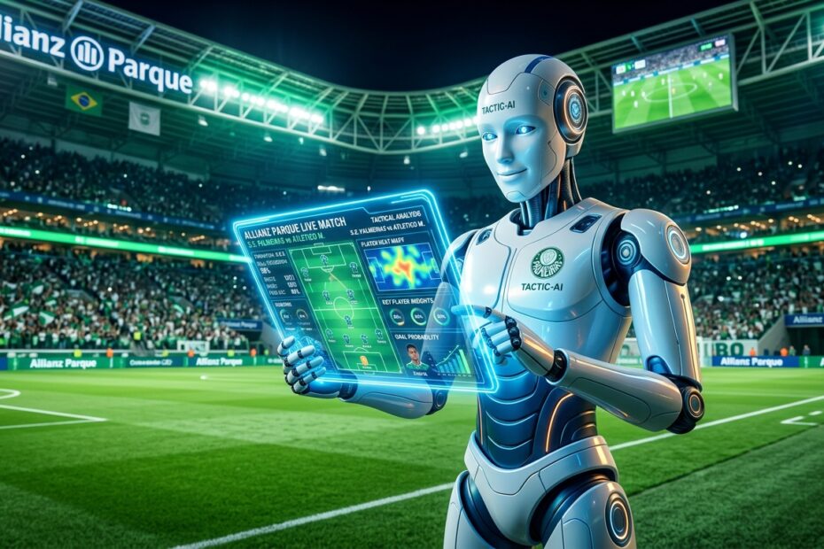 Robô humanoide futurista analisando táticas e estatísticas de jogo do Palmeiras no Allianz Parque