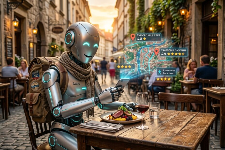 Robô futurista viajante com mochila em um bistrô europeu usando o Google Maps holográfico com Gemini para encontrar restaurantes baratos e bem avaliados