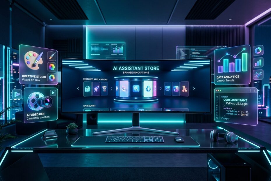 Ilustração 3D em alta resolução de uma estação de trabalho moderna exibindo a interface do ChatGPT Explorer e cards holográficos de IA com Canva, Sora e análise de dados.