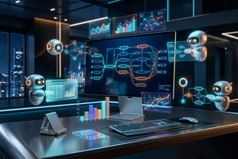 Espaço de trabalho futurista 3D com robôs assistentes minimalistas e nós de IA automatizando planilhas e relatórios holográficos em ciano e laranja.