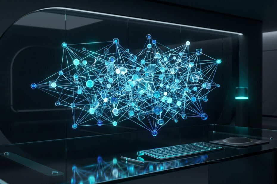Ilustração conceitual 3D com interfaces holográficas luminosas e conexões neurais representando o DeepSeek, o famoso chat GPT da China, em um ambiente de tecnologia limpo e moderno.