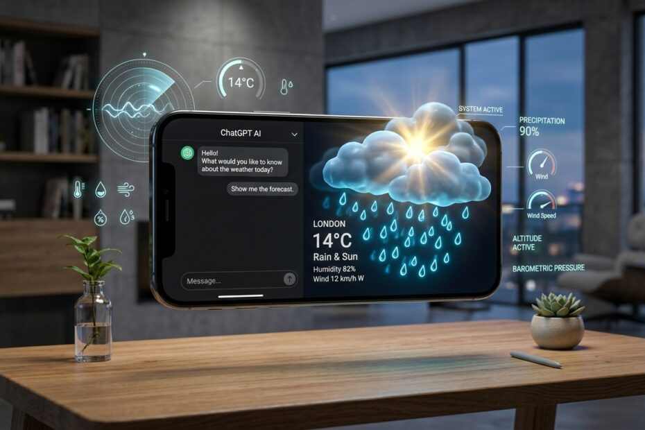 Smartphone flutuando sobre uma mesa moderna exibindo a interface do ChatGPT com previsão do tempo e elementos climáticos 3D em tempo real.