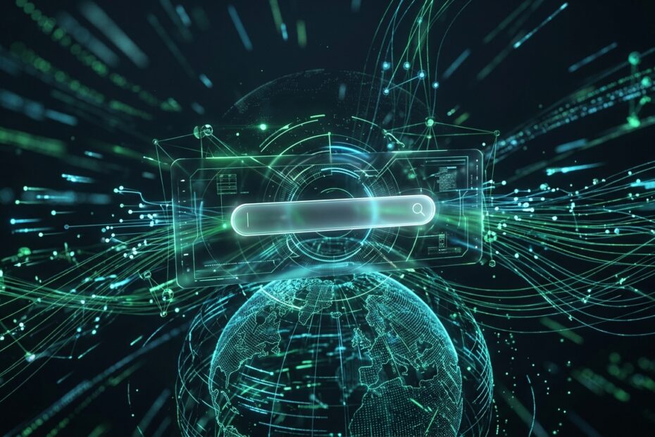 Interface holográfica 3D futurista do ChatGPT Search com barra de pesquisa luminosa, globo digital e nós neurais de dados em tempo real em verde esmeralda.