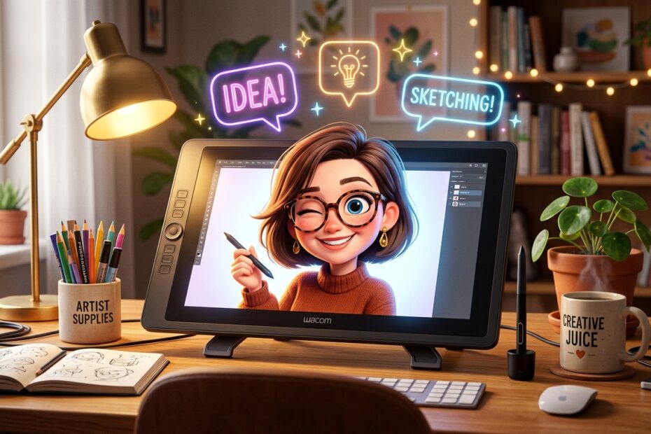 Ilustração 3D estilo cartoon de uma mesa de trabalho moderna exibindo uma caricatura digital personalizada gerada por inteligência artificial no ChatGPT.