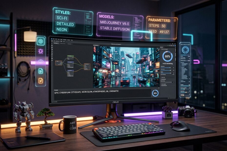 Ilustração 3D em alta resolução de uma estação de trabalho criativa com monitor renderizando uma imagem hiper-realista gerada por inteligência artificial no ChatGPT.