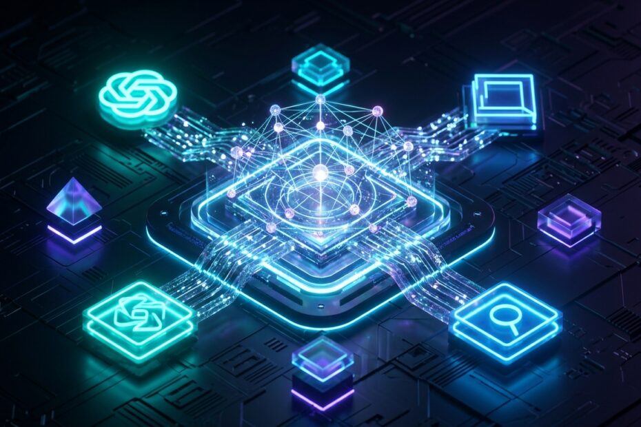 Ilustração 3D conceitual de Generative Engine Optimization (GEO) com núcleo holográfico de IA e conexões de busca orgânica em neon ciano e violeta.